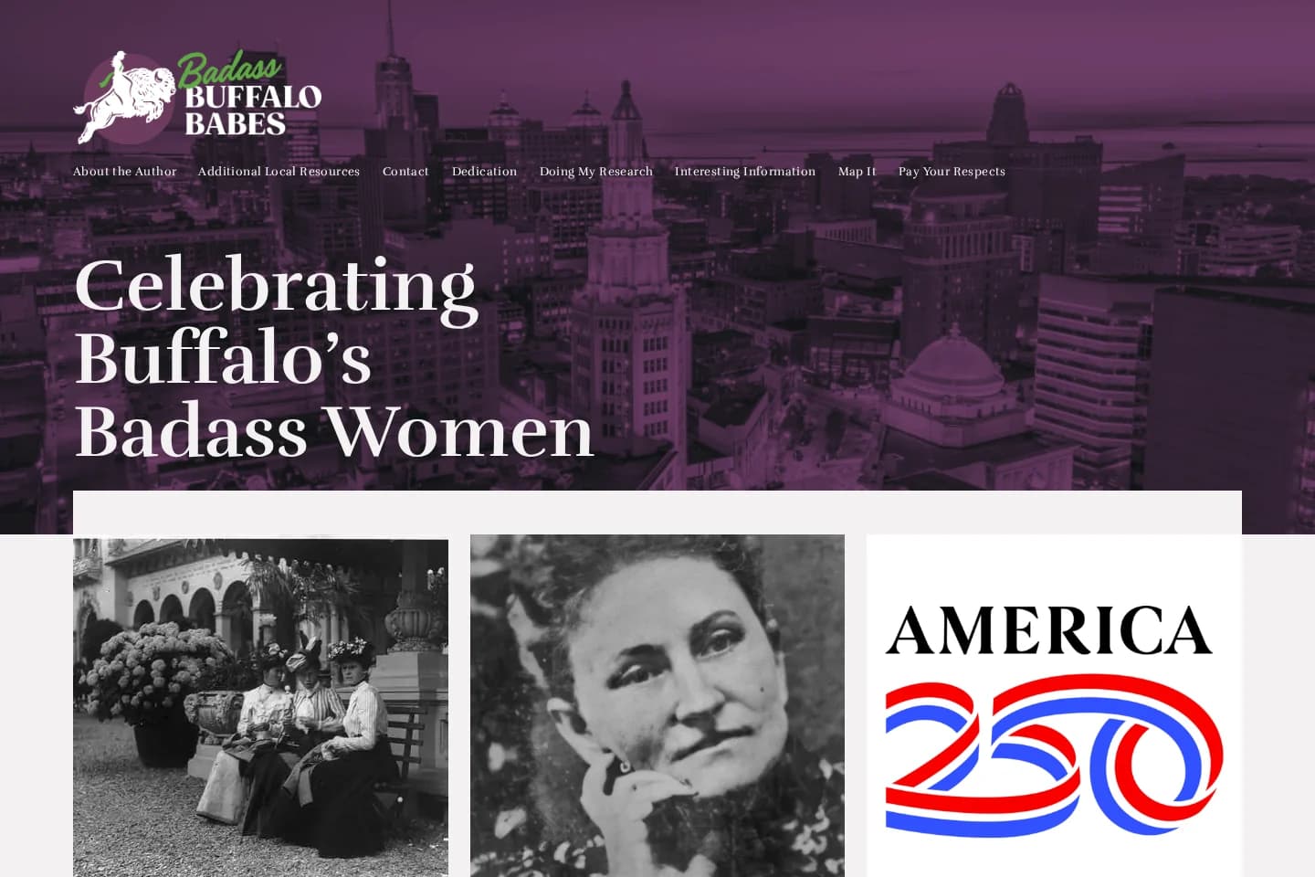 Badass Buffalo Babes homepage with its purple Buffalo skyline and historical stories