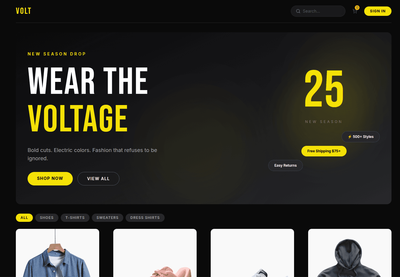 E-commerce storefront hero section