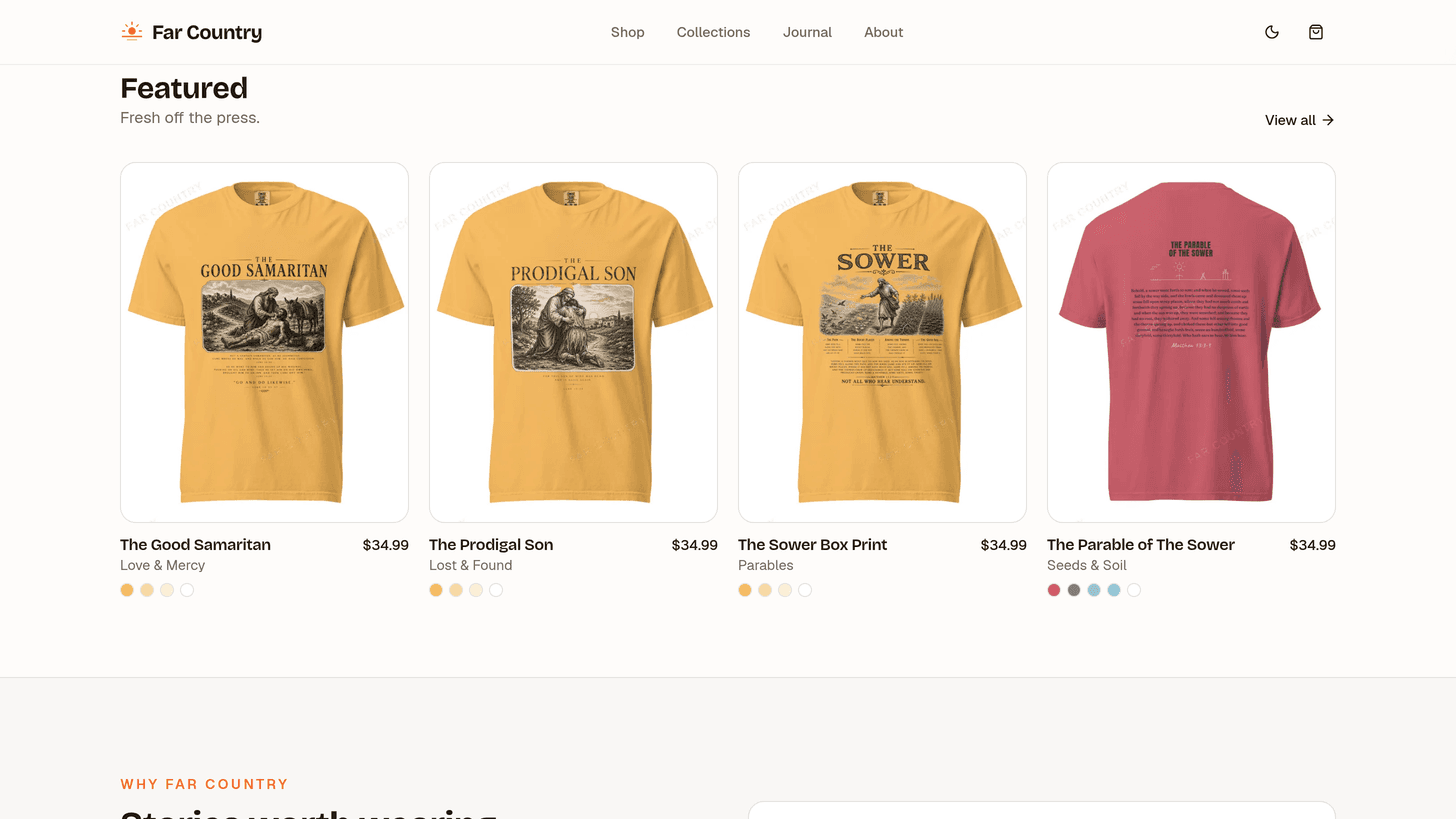 Featured product grid with parable-themed t-shirt designs
