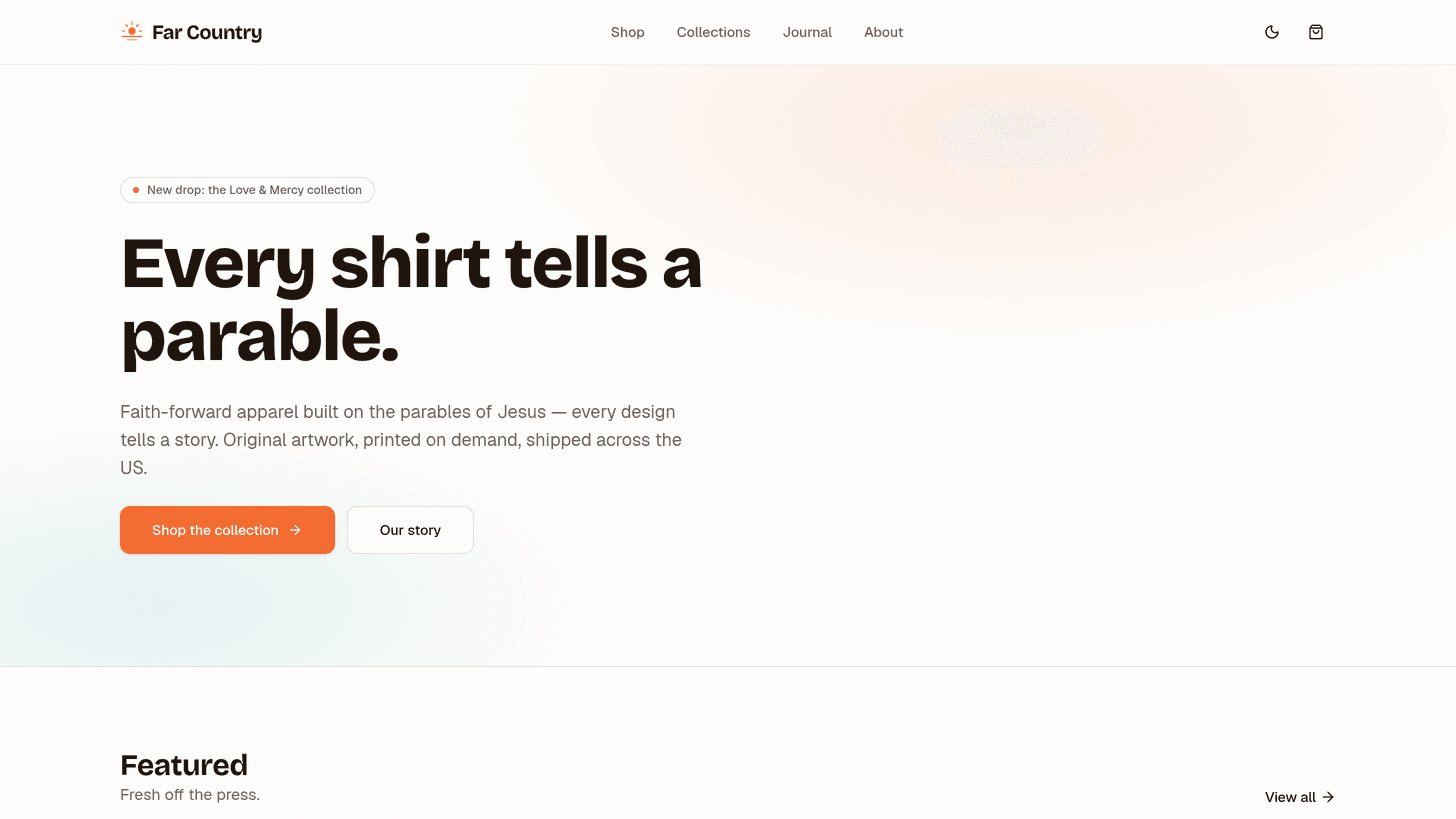 Far Country Wear homepage hero — "Every shirt tells a parable."