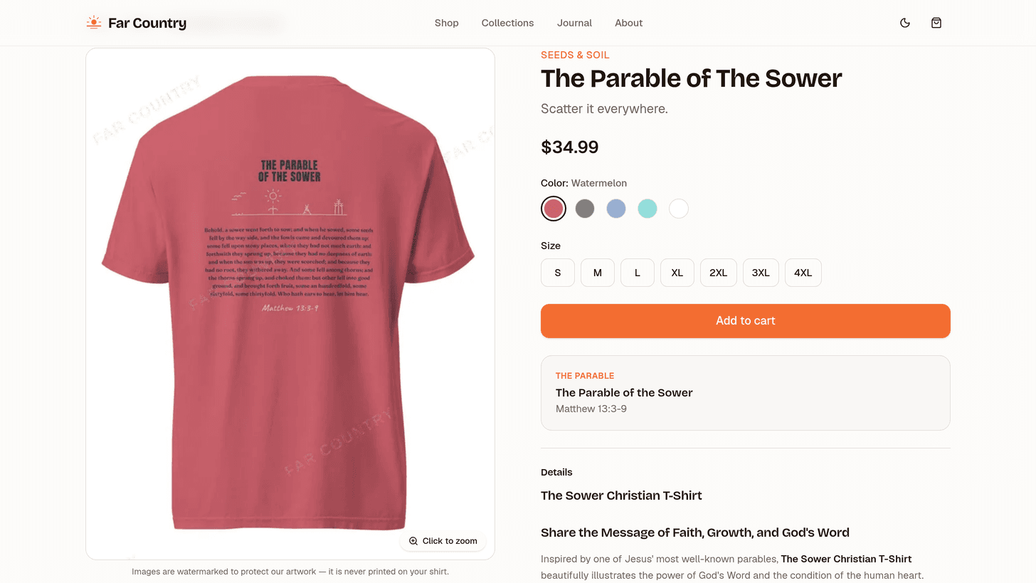 Individual product detail page with color and size selection