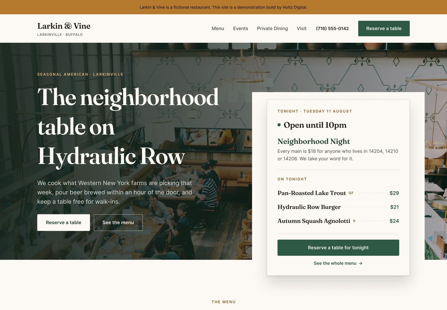 Figma design frame of the Larkin & Vine homepage at desktop width, showing the header, hero and the overlapping Tonight panel