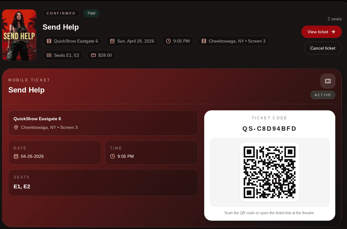 QuickShow mobile ticket with QR code