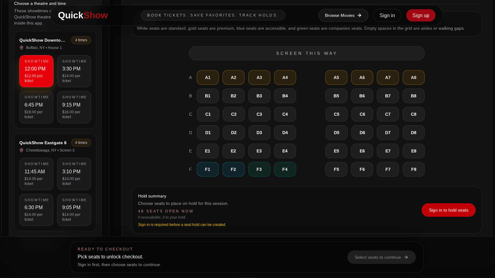 QuickShow showtime selection and interactive seating chart